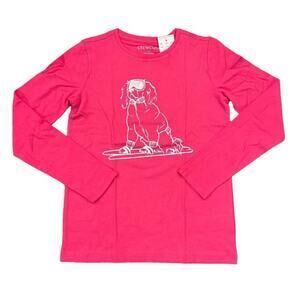 NWT J. Crew Girls' Fuchsia Pink Long-Sleeve Spaniel on Skis Graphic Tee -M (8-9)